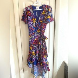 Blue Floral Wrap Dress with High Slit in the Middle.